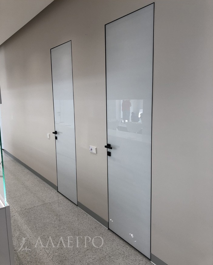 Двери устанавливаются на одном уровне со стеной. Базовое исполнение - профиль анодированный серебряный. Однако, алюминиевый профиль на полотне и коробке можно покрасить в любой цвет по шкале RAL. Стоит дороже на 30%